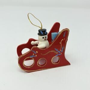 Vintage Hand Painted 2" Wooden Snowman on Red Sled Christmas Ornament
